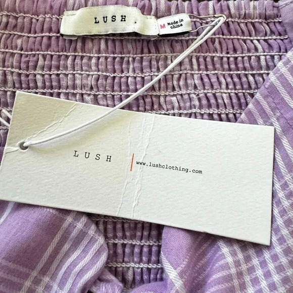 Lush Dresses Lilac and White Plaid Lace up Top Smocked Back Women's M NWT - Picture 6 of 10